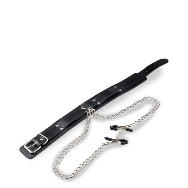 BDSM läderkrage med nippelklämmor