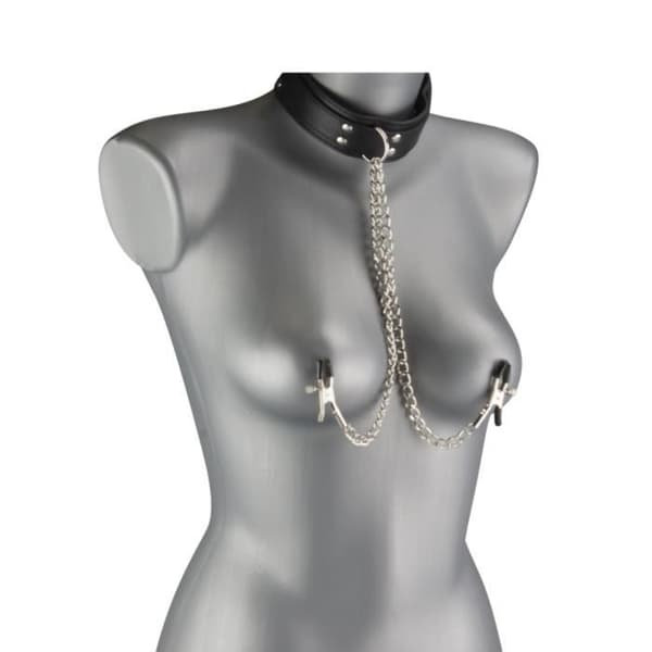 BDSM-krage - Fetish Loveandvibes - Svart läder - Nipple Clamps - Justerbar - Submission Accessory