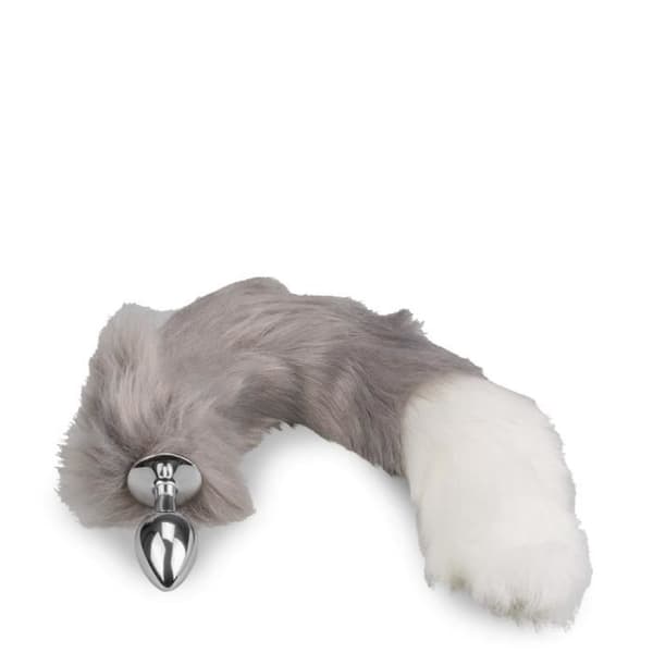 Vit och grå vegansk pälsräv svansplugg - LOVE AND VIBES Grey Collection