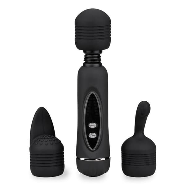 Vibromassör - KÄRLEK &amp; VIBRATIONER - Black Fantasy Wand - 3 Munstycken - 12 Vibrationslägen - Svart Silikon