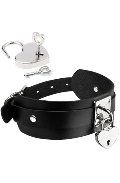 Heart Lock & Key Collar Silver/Black BDSM-halsbånd