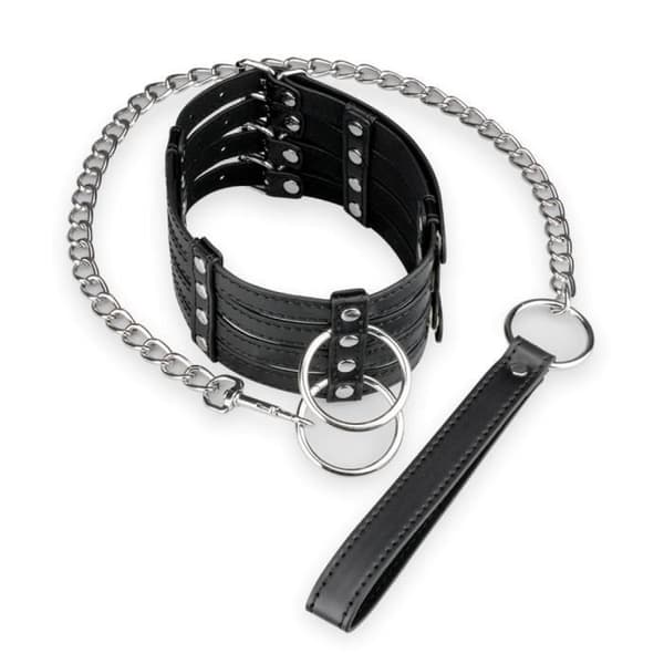 BDSM-krage i konstläder med 4 remmar och koppel