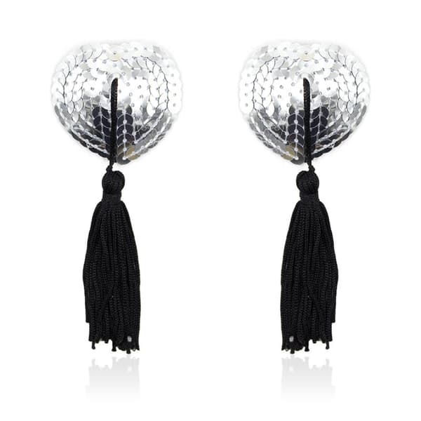 Self-Adhesive Heart Sequin Nipple Cover with Tassel Silver/Black