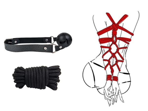 10-Delar BDSM Bondage Kit med Handklovar, piska, munkavle m.m.