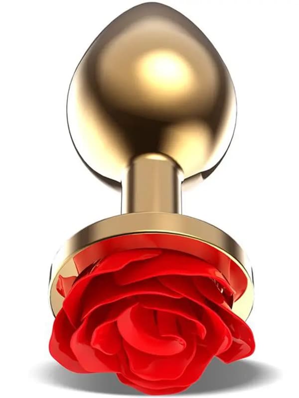 Golden Metal Anal Plug With Red Rose Small Analplugg i metall