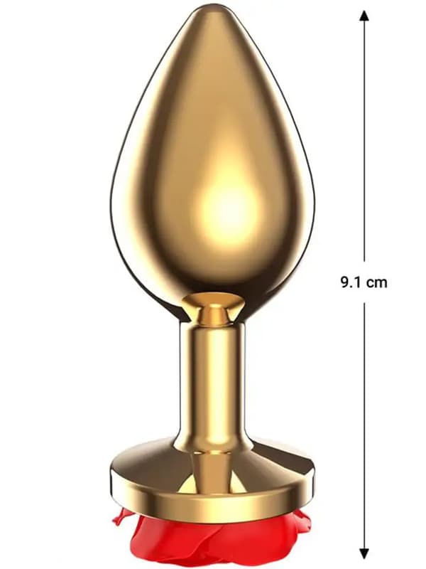 Golden Metal Anal Plug With Red Rose Medium Analplugg i metall