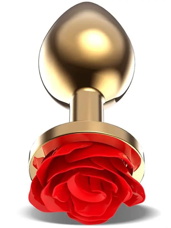 Golden Metal Anal Plug With Red Rose Medium Analplugg i metall