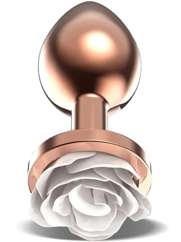 Rosegold Metal Anal Plug With White Rose Medium Analplugg i metall