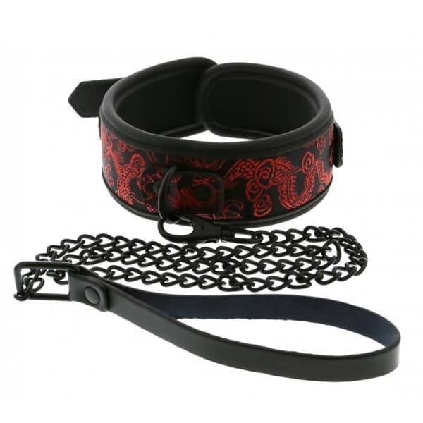 Collier &amp; Laisse - Syntetläder - Svart - Röda Brokadmönster - Justerbar - Vuxen