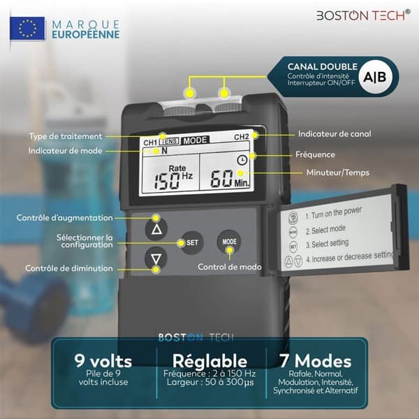 Digital muskelstimulator - BOSTON TECH - ME-89 Plus - TENS och EMS - 8 elektroder - LCD-skärm