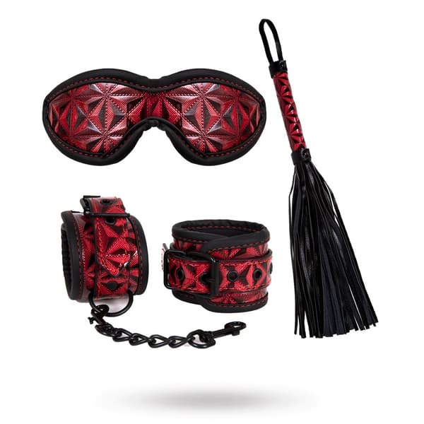 DIABOLIQUE  - Bondage Sett Med Øyemaske, Håndjern & Piske Rød