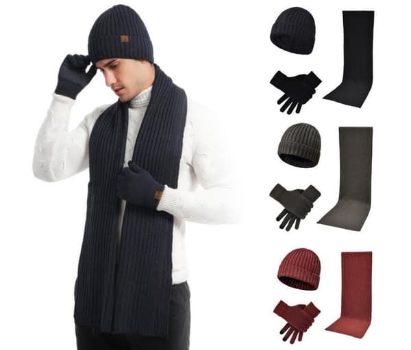 3 stk Strikket skjerf + lue + hansker Vinrød One-size