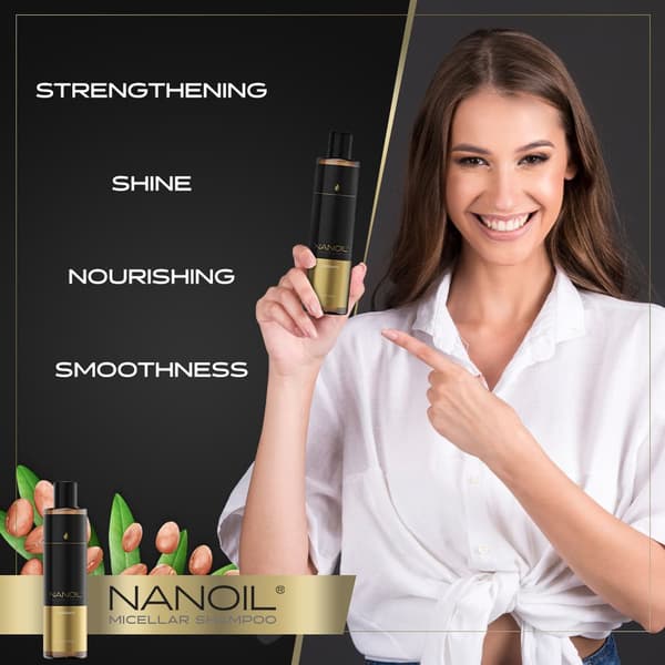 Misellishampoo Arganöljyllä Nanoil Argan Micellar Shampoo 300 ml - Suojaus ja sileys, vahvistava vaikutus, erinomainen hiusten kunto
