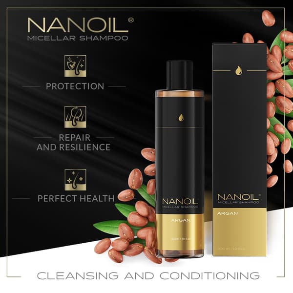 Misellishampoo Arganöljyllä Nanoil Argan Micellar Shampoo 300 ml - Suojaus ja sileys, vahvistava vaikutus, erinomainen hiusten kunto
