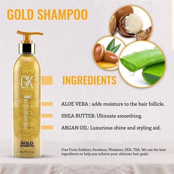 GK HAIR Global Keratin Gold Shampoo (8.5 Fl Oz/250ml) Hårfuktighetsgivande glans och skydd med arganolja, sheasmör