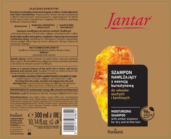 FARMONA Jantar Återfuktande schampo för torrt hår, bärnstensessens, 300 ml