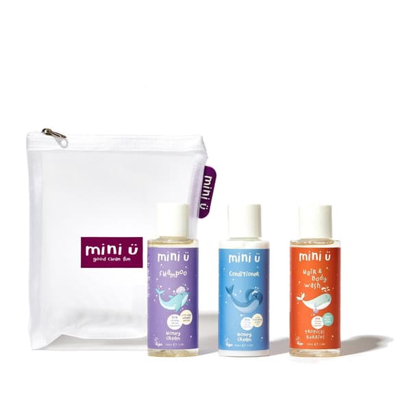Mini-U® matkapakkaus Shampoo 100 ml+hoitoaine 100 ml+hius- ja vartalopesu 100 ml