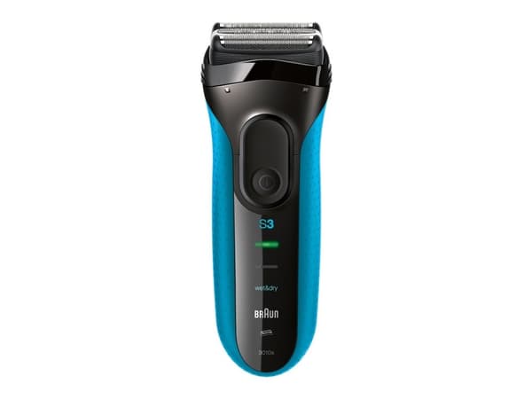 Braun Series 3 3010 Wet & Dry, Barberingsmaskin, 2 SensoFoil, 1 Middle Trimmer, Sort, Blå, LED, Batteri, Nikkelmetallhydrid (NiMH)