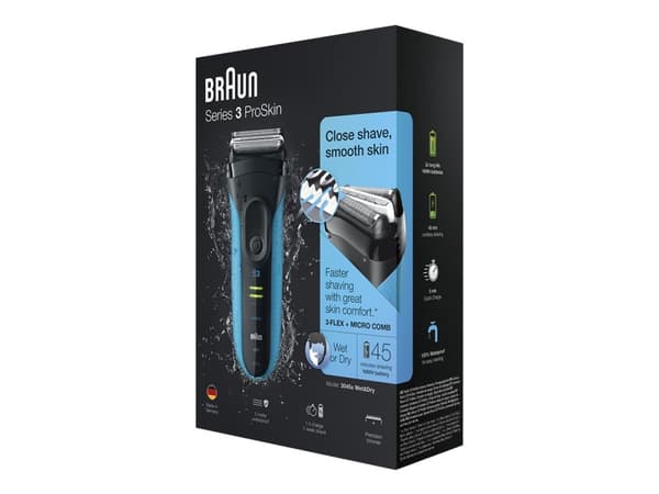 Braun Series 3 ProSkin 3045s, Folie parranajokone, 2 SensoFoil, 1 Middle Trimmer, Sort, Blå, LED, Batteri, Nikkel-Metalhydrid (NiMH)