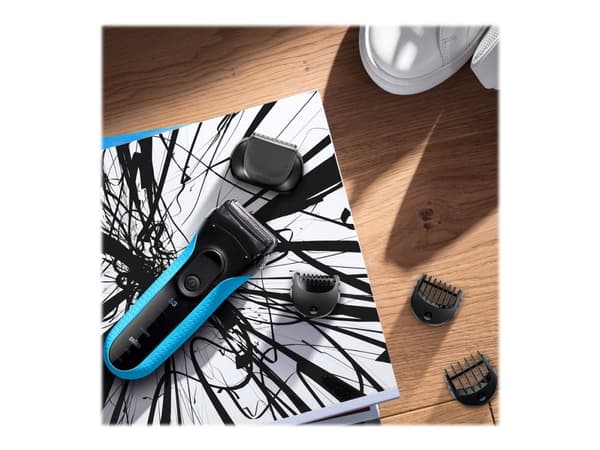 Braun Series 3 Shave&Style 3010BT, Barberingsmaskin, 2 SensoFoil, 1 Middle Trimmer, 5 kammen 17 mm, Sort, Blå, LED, Batteri, Nikkelmetallhydrid (NiMH