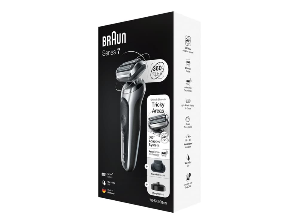 Braun Series 7 70-S4200cs, Folierakapparat, 360° Flex, Rostfritt stål, Knappar, Silver, LED