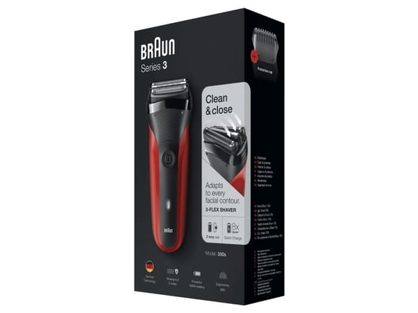 Braun Series 3 300s, Barberingsmaskin, 2 SensoFoil, Sort, Rød, LED, Batteri, Nikkelmetallhydrid (NiMH)