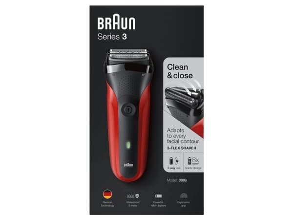 Braun Series 3 300s, Barberingsmaskin, 2 SensoFoil, Sort, Rød, LED, Batteri, Nikkelmetallhydrid (NiMH)