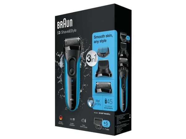 Braun Series 3 Shave&Style 3010BT, Folierakapparat, 2 SensoFoil, 1 Middle Trimmer, 5 kammen 17 mm, Svart, Blå, LED, Batteri, Nickel-metallhydrid (NiM