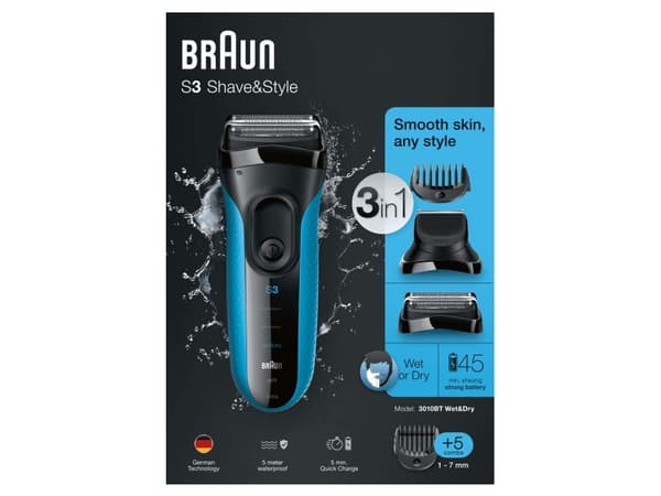 Braun Series 3 Shave&Style 3010BT, Folierakapparat, 2 SensoFoil, 1 Middle Trimmer, 5 kammen 17 mm, Svart, Blå, LED, Batteri, Nickel-metallhydrid (NiM