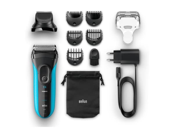 Braun Series 3 Shave&Style 3010BT, Folierakapparat, 2 SensoFoil, 1 Middle Trimmer, 5 kammen 17 mm, Svart, Blå, LED, Batteri, Nickel-metallhydrid (NiM