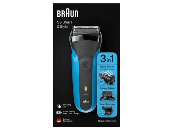 Braun Series 3 310BT, Barberingsmaskin, Sort, Blå, Lade, Batteri, Nikkelmetallhydrid (NiMH), 30 min