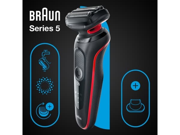 Braun Series 5 51-R1200S, Folierakapparat, Svart, Röd, AutoSense, Knappar, Batteri, Litium-Ion (Li-Ion)