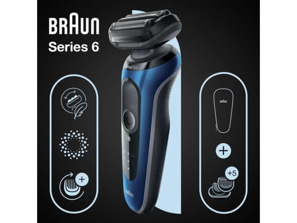 Braun Series 6 61-B1500s, Barberingsmaskin, Blå, Knapper, LED, Batteri, Lithium-Ion (Li-Ion)