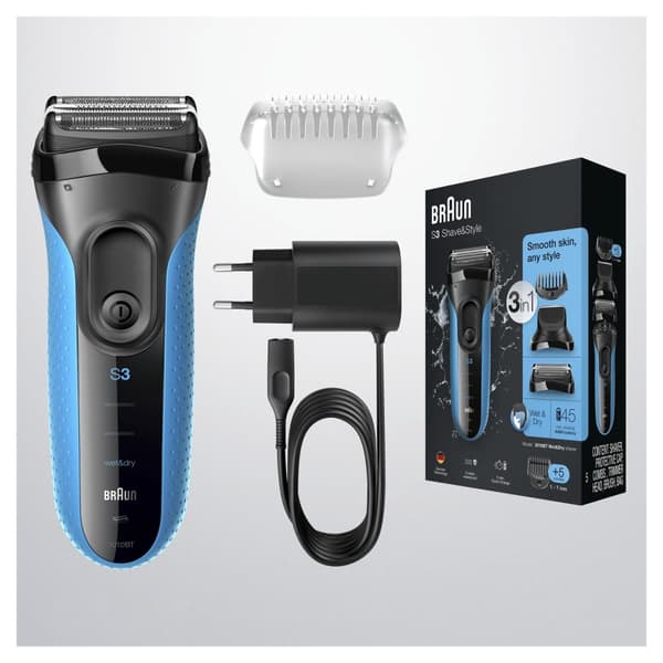 Braun Series 3 Shave&Style 3010BT Folierakapparat Trimmer Svart - Blå rakapparat för män (3-3010BT)