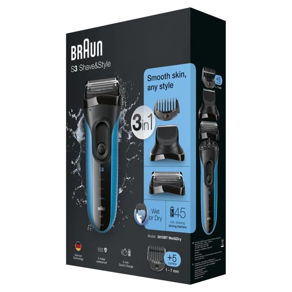 Braun Series 3 Shave&Style 3010BT Folierakapparat Trimmer Svart - Blå rakapparat för män (3-3010BT)