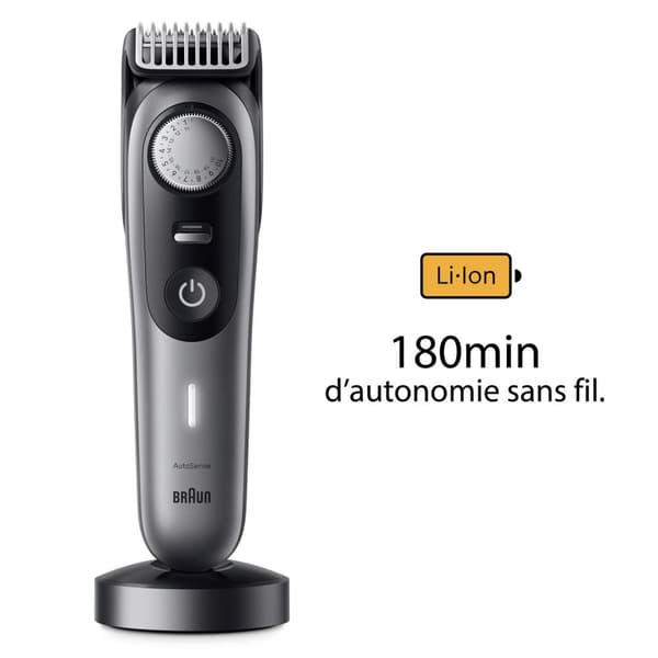 Braun skäggtrimmer BT9420. Minsta hårlängd: 0,5 mm, Maximal hårlängd: 2 cm, Kontroller: knappar, rattar. Produktens färg: Svart, Grå. Energikälla: Upp