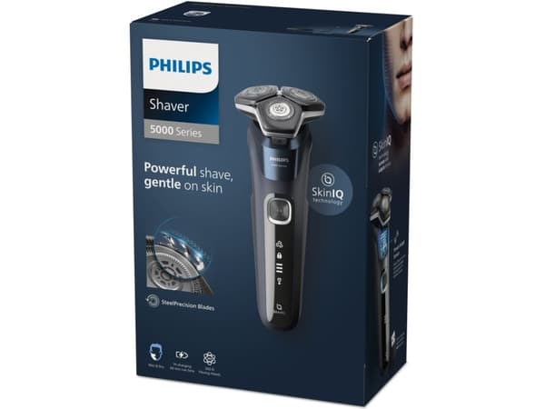 Philips SHAVER Series 5000 S5885/25 Elektrisk rakapparat för våt- och torrakning, Roterande rakhuvud, Blå, SkinIQ, SH71, 2 År, Batteri