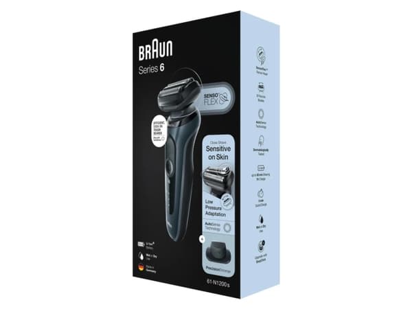 Braun Series 6 61-N1200s, Folierakapparat, Rostfritt stål, Knappar, Svart, LED, Batteri