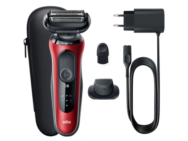Braun Series 6 61-R1200s, Barberingsmaskin, Sort, Rød, SensoFlex, SensoFoil, Knapper, LED, Batteri