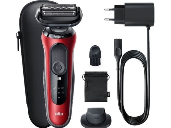 Braun Series 6 61-R1200s, Barberingsmaskin, Sort, Rød, SensoFlex, SensoFoil, Knapper, LED, Batteri