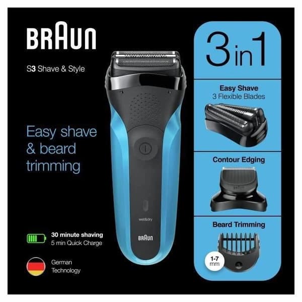 BRAUN Series 3 Shave & Style sladdlös elektrisk rakapparat - 3 flexibla blad - 5 kammar - Svart/Blå