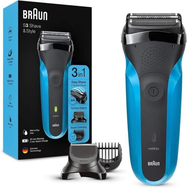 BRAUN Series 3 Shave & Style sladdlös elektrisk rakapparat - 3 flexibla blad - 5 kammar - Svart/Blå