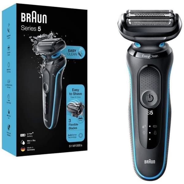 Braun 51-M1000s svart/blå rakapparat - Uppladdningsbart batteri - Tvättbart huvud