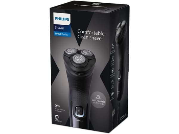 Philips Shaver 3000X Series X3001/00 Elektrisk rakapparat för våt- och torrakning, Roterande rakhuvud, Svart, PowerCut blade system, SH30, 2 År, Batt