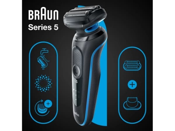 Braun Series 5 51-B1820s, Folierakapparat, Svart, Blå, Knappar, LED, Laddning, Energiljus, AC/Batteri
