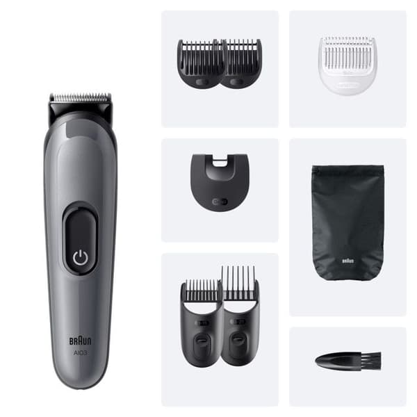 Braun Tondeuse Tout-En-Un Series 3, 8-i-1 Rakningskit, Vass Klinge, 14 Längder, AIO3540, Grå