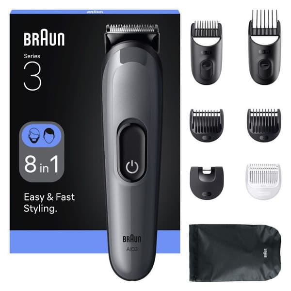 Braun Tondeuse Tout-En-Un Series 3, 8-i-1 Rakningskit, Vass Klinge, 14 Längder, AIO3540, Grå