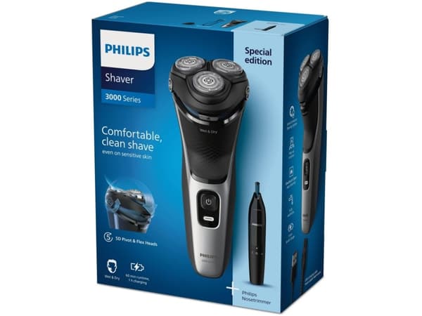 Philips Shaver 3000 Series S3143/02 Våt og tørr elektrisk barbermaskin, Roterende hode, Sort, Sølv, PowerCut blade system, SH30, 2 år, Batteri