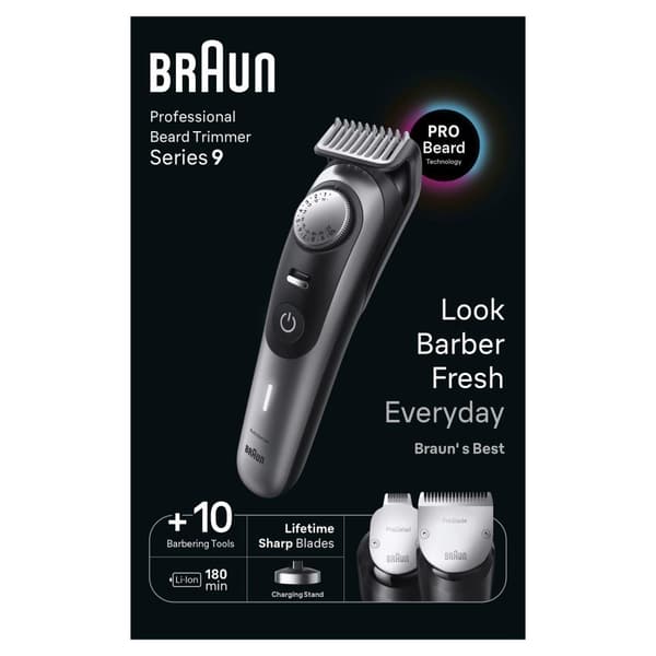 Braun skægtrimmer BT9420. Minimum hårlængde: 0,5 mm, Maksimal hårlængde: 2 cm, Betjening: knapper, urskiver. Farve på produkt: Sort, Grå. Energikilde: