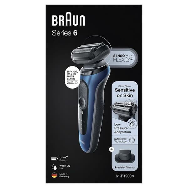 Braun Series 6 61-B1200s rakapparat garanterar en djup men skonsam rakning tack vare det rörliga SensoFlex rakhuvudet